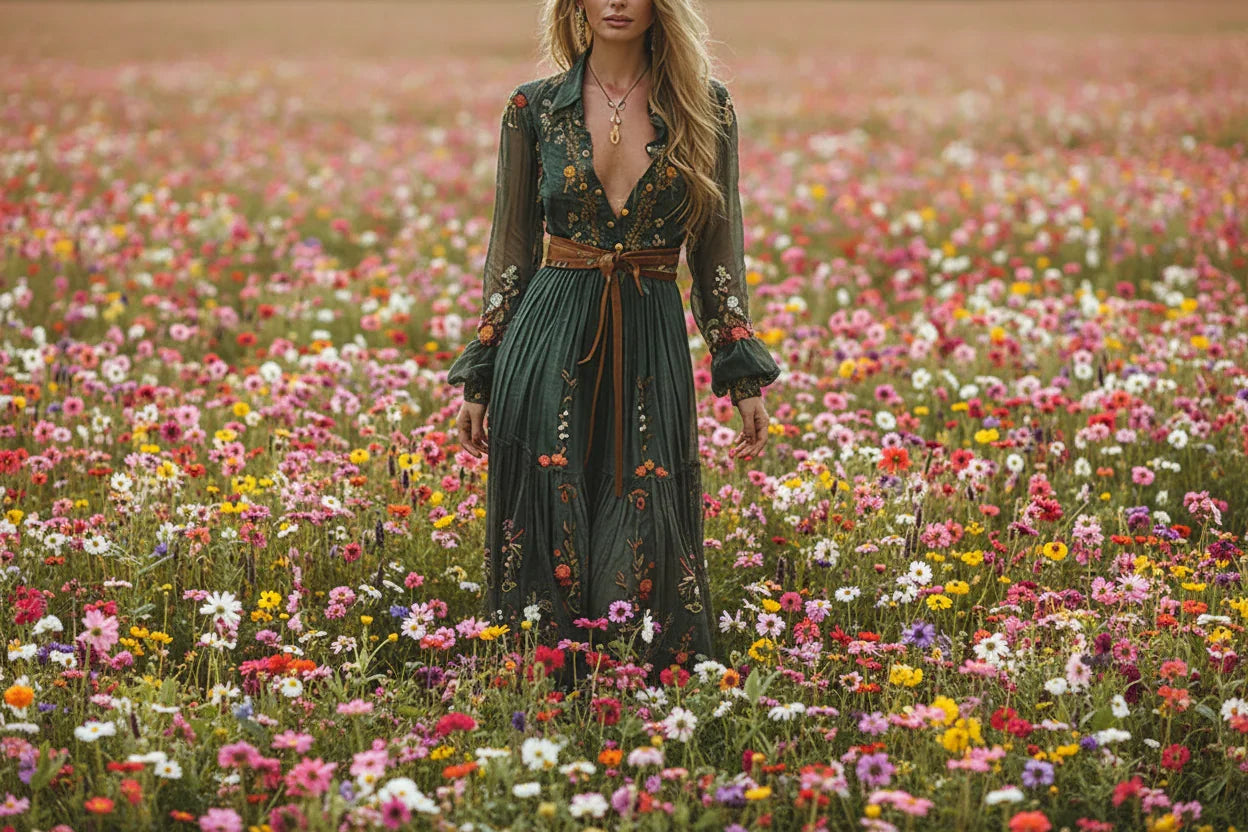Bohemian Floral Maxi Dress – Vintage V-Neck Embroidered Print Long Sleeve Gown | High-Waist A-Line Robe for All Seasons