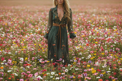 Bohemian Floral Maxi Dress – Vintage V-Neck Embroidered Print Long Sleeve Gown | High-Waist A-Line Robe for All Seasons