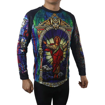 Religious Cycling Jersey – Stained Glass Jesus & Virgin Mary Long Sleeve MTB Bike Shirt for Men & Women | Breathable, Quick-Dry, Unisex Church Wear for Mountain Biking & Road Cycling