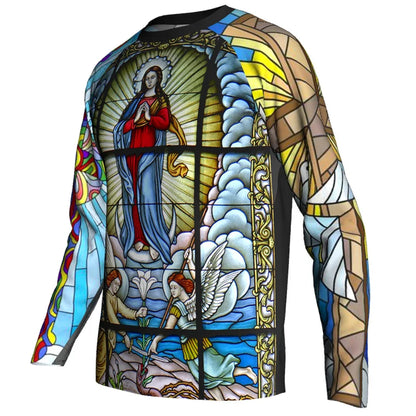 Religious Cycling Jersey – Stained Glass Jesus & Virgin Mary Long Sleeve MTB Bike Shirt for Men & Women | Breathable, Quick-Dry, Unisex Church Wear for Mountain Biking & Road Cycling
