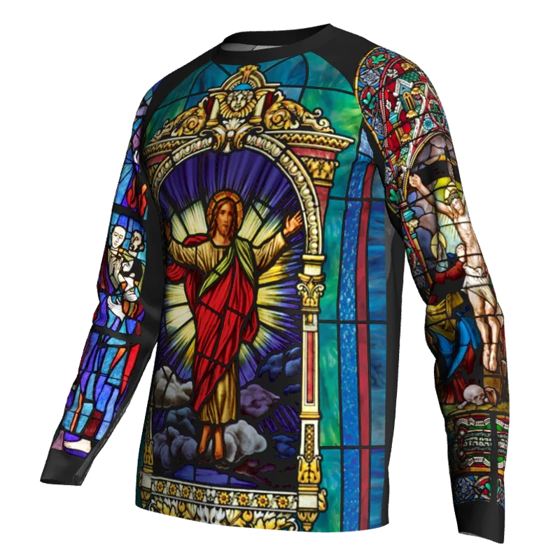 Religious Cycling Jersey – Stained Glass Jesus & Virgin Mary Long Sleeve MTB Bike Shirt for Men & Women | Breathable, Quick-Dry, Unisex Church Wear for Mountain Biking & Road Cycling
