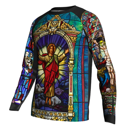 Religious Cycling Jersey – Stained Glass Jesus & Virgin Mary Long Sleeve MTB Bike Shirt for Men & Women | Breathable, Quick-Dry, Unisex Church Wear for Mountain Biking & Road Cycling