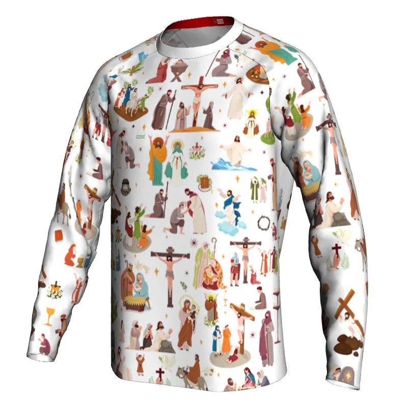 Religious Cycling Jersey – Stained Glass Jesus & Virgin Mary Long Sleeve MTB Bike Shirt for Men & Women | Breathable, Quick-Dry, Unisex Church Wear for Mountain Biking & Road Cycling