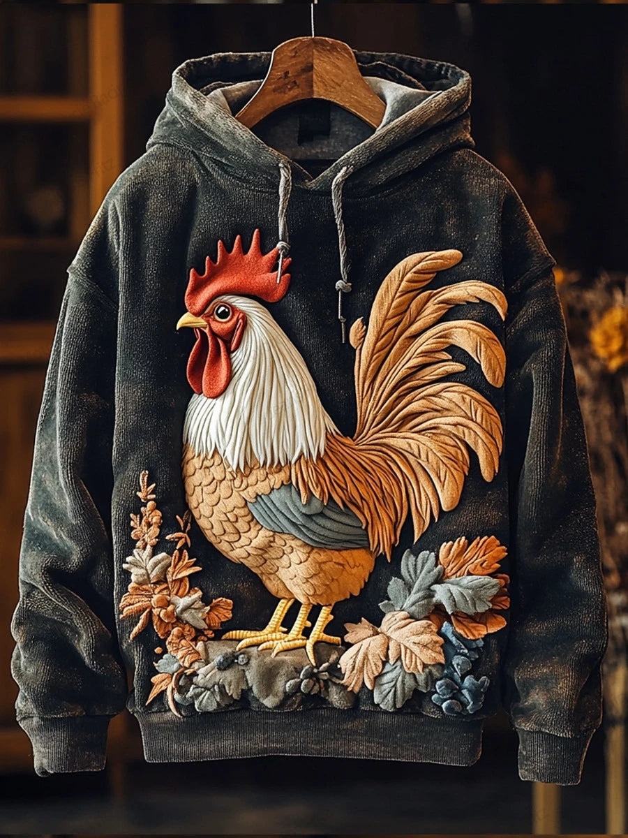 Rooster hoodie with golden feathers and leaves — bold, eye-catching design