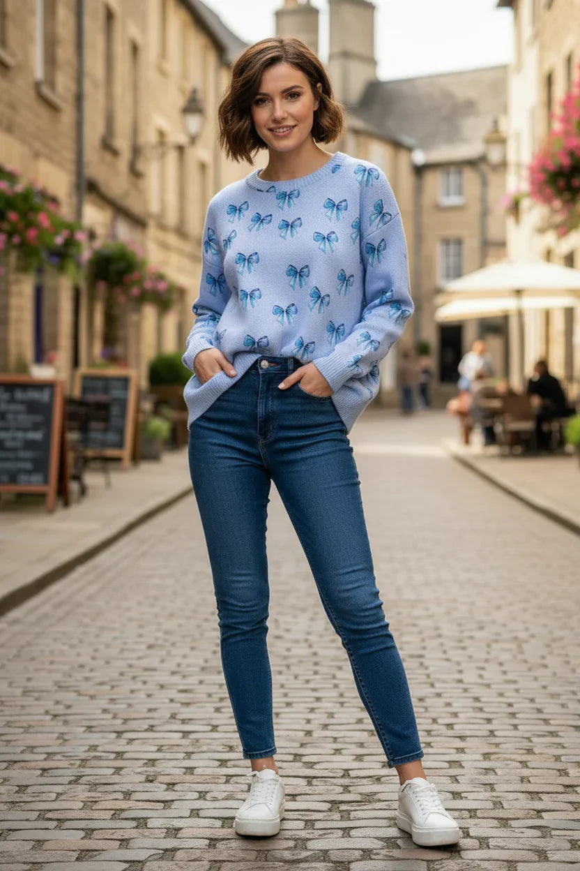 Baby blue sweatshirt with cornflower blue bow patterns, styled for a morning walk on a historic street.