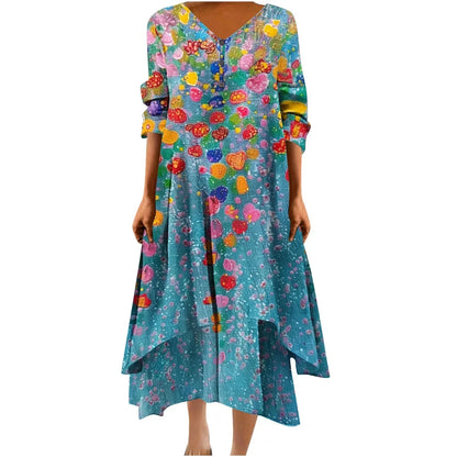 Irregular Hem Floral Maxi Dress – V-Neck Full Sleeve Ankle-Length for Women