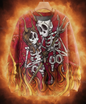 Bold red and orange sweater featuring romantic skeleton couple embracing amid swirling flames — perfect for spooky romance