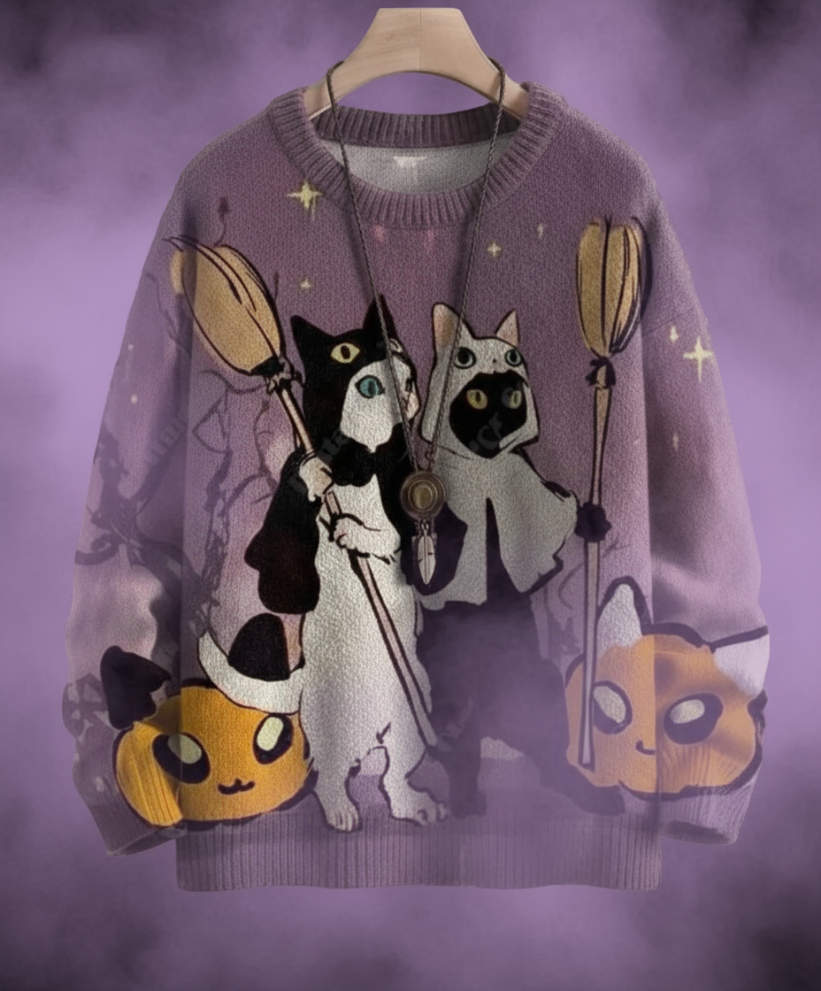 Adorable purple Halloween sweater with black-and-white cats holding brooms, surrounded by smiling jack-o’-lanterns.