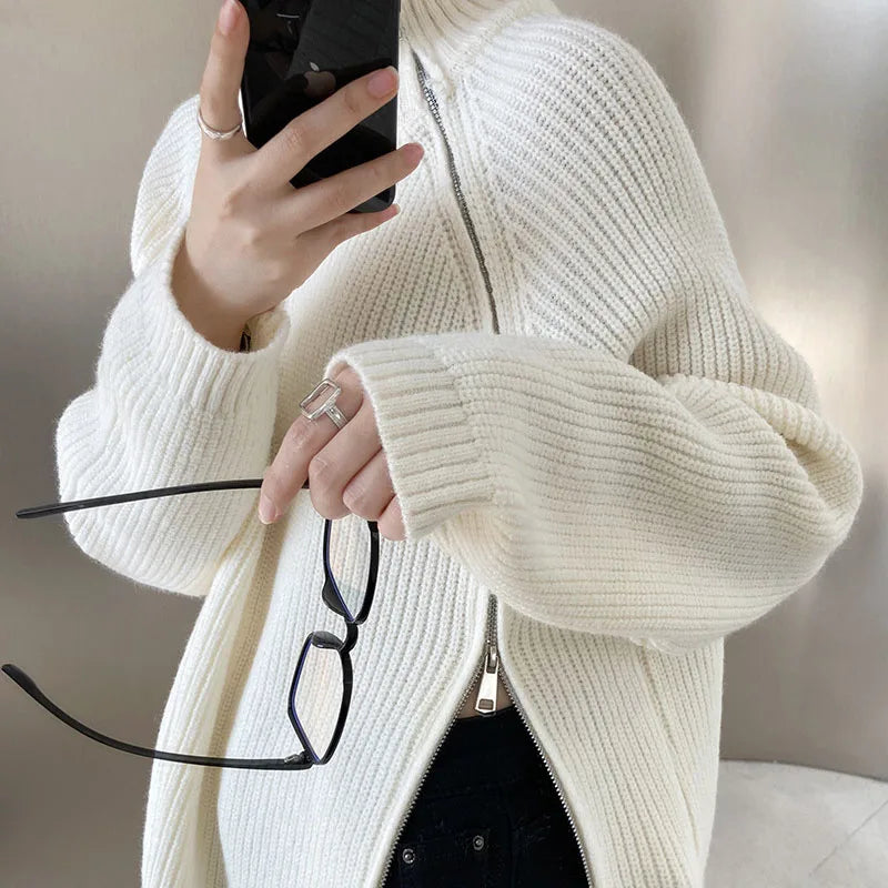 Zipper Solid Colour High-End Knitted Sweater - Loose Long-Sleeve Warm Outerwear Top for Fashion