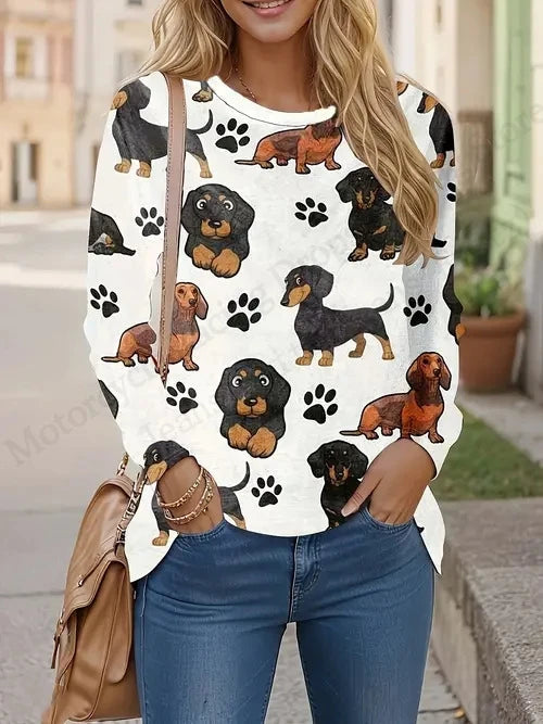 Cute Cat 3D Print Long Sleeve T-Shirt for Women – Oversized Animal Design Casual Top, Fashionable Knit Tee with Tie-Dye Effect, All-Season Comfort Wear