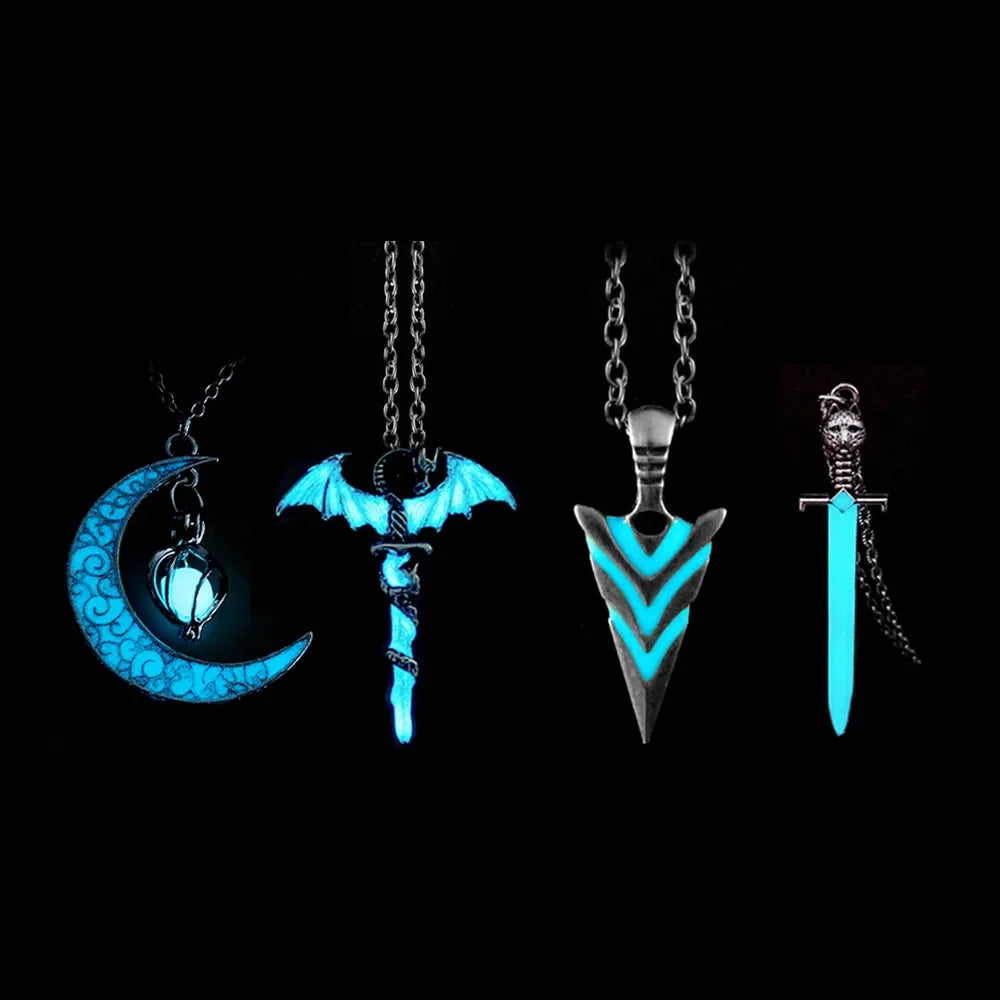 Set of four necklaces with glowing blue designs on a black background