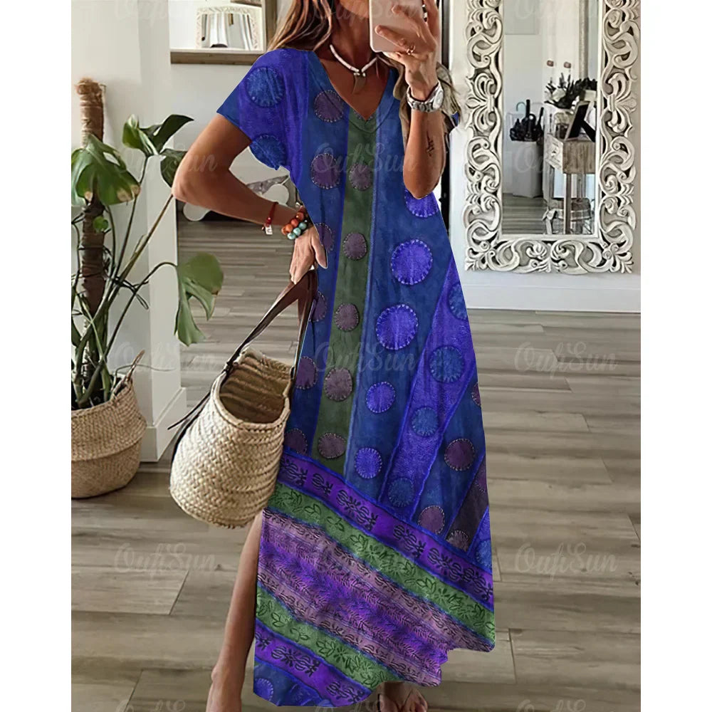 Purple Shapes Ladies Ethnic Summer Long Dress - ALOE WINGS STORE