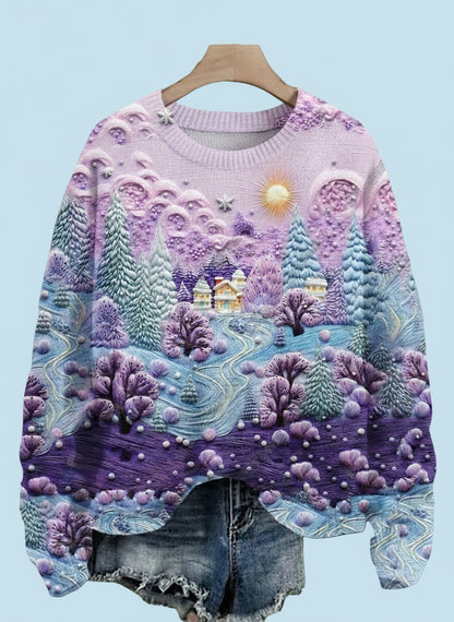 Purple winter landscape 3D sweater with snowy trees and houses