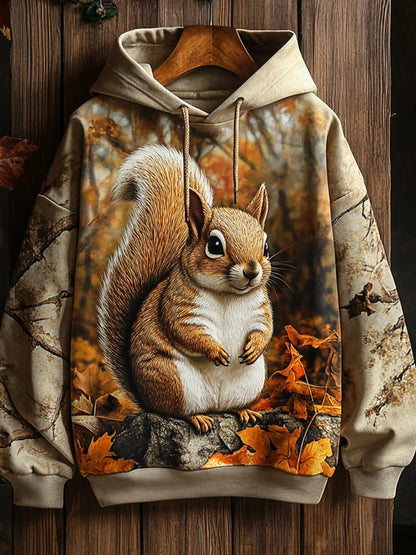 Hoodie with realistic squirrel print sitting on a tree branch surrounded by autumn leaves — soft polyester, oversized fit