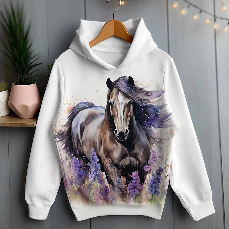 White hoodie with horse and flower pattern — soft, lightweight, and comfortable for everyday wear