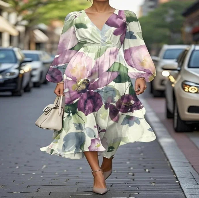 Elegant Floral & Patterned Knee-Length Dresses - Versatile Long Sleeve Casual Chic for Every Occasion
