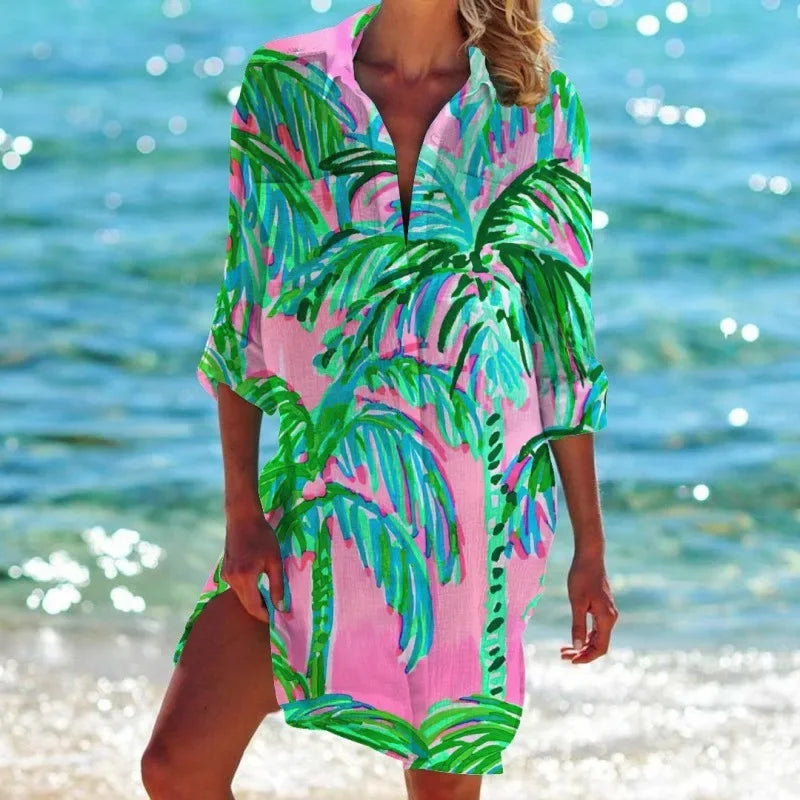 1.Boho Style Summer Cover-Up – Women's Tropical Print Beach Blouse Selection