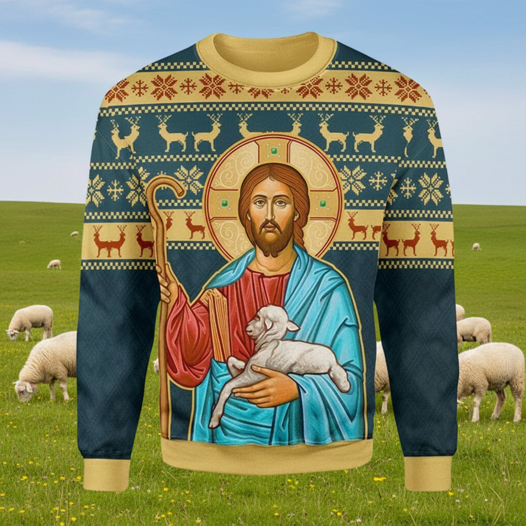 Sweater with religious design of a figure holding a lamb and deer pattern on a blue background