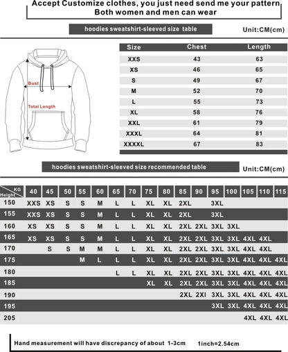 Hoodie size chart with measurements for chest and length.
