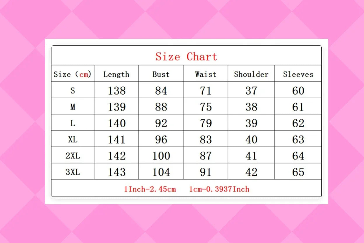 Size chart for clothing measurements on a pink geometric patterned background