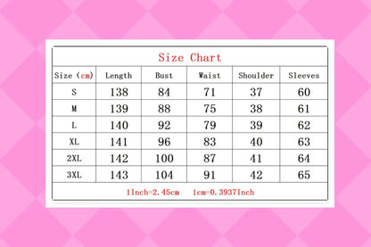 Size chart for clothing measurements on a pink geometric patterned background