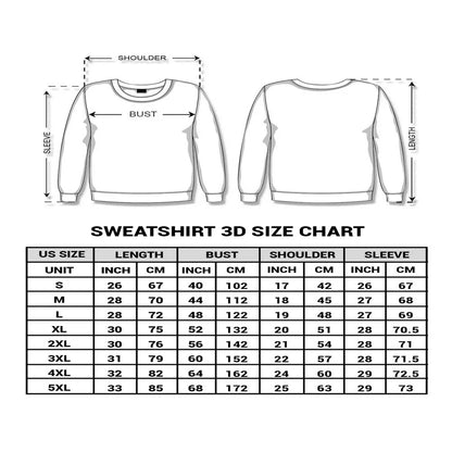 Sweatshirt 3D size chart – detailed measurements for XS to 5XL, true to size unisex fit