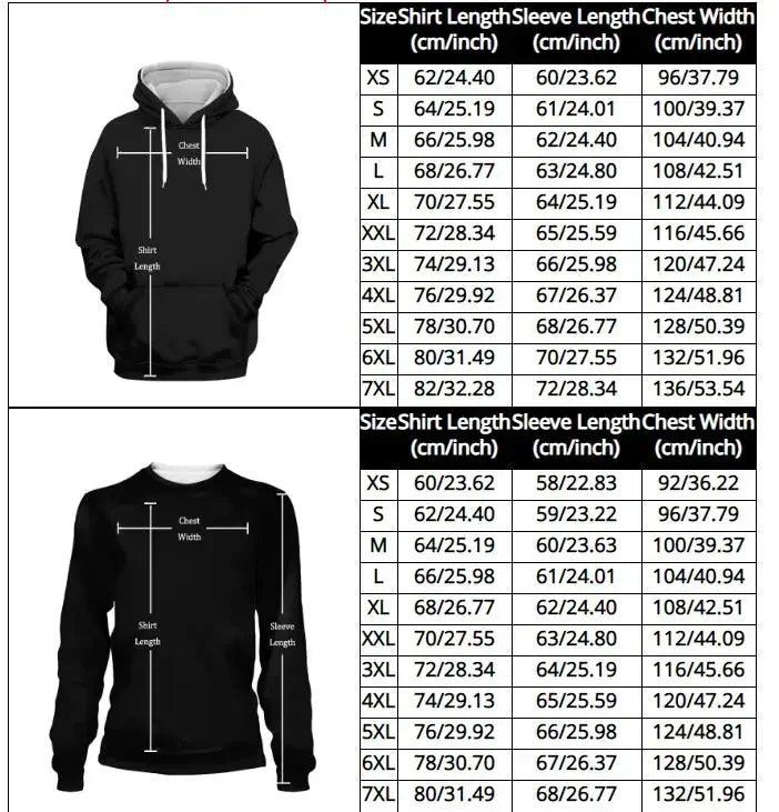 Black hoodie with size chart showing shirt length, sleeve length, and chest width measurements.