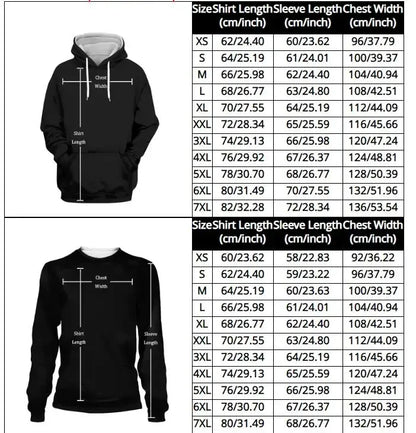 Black hoodie with size chart showing shirt length, sleeve length, and chest width measurements.