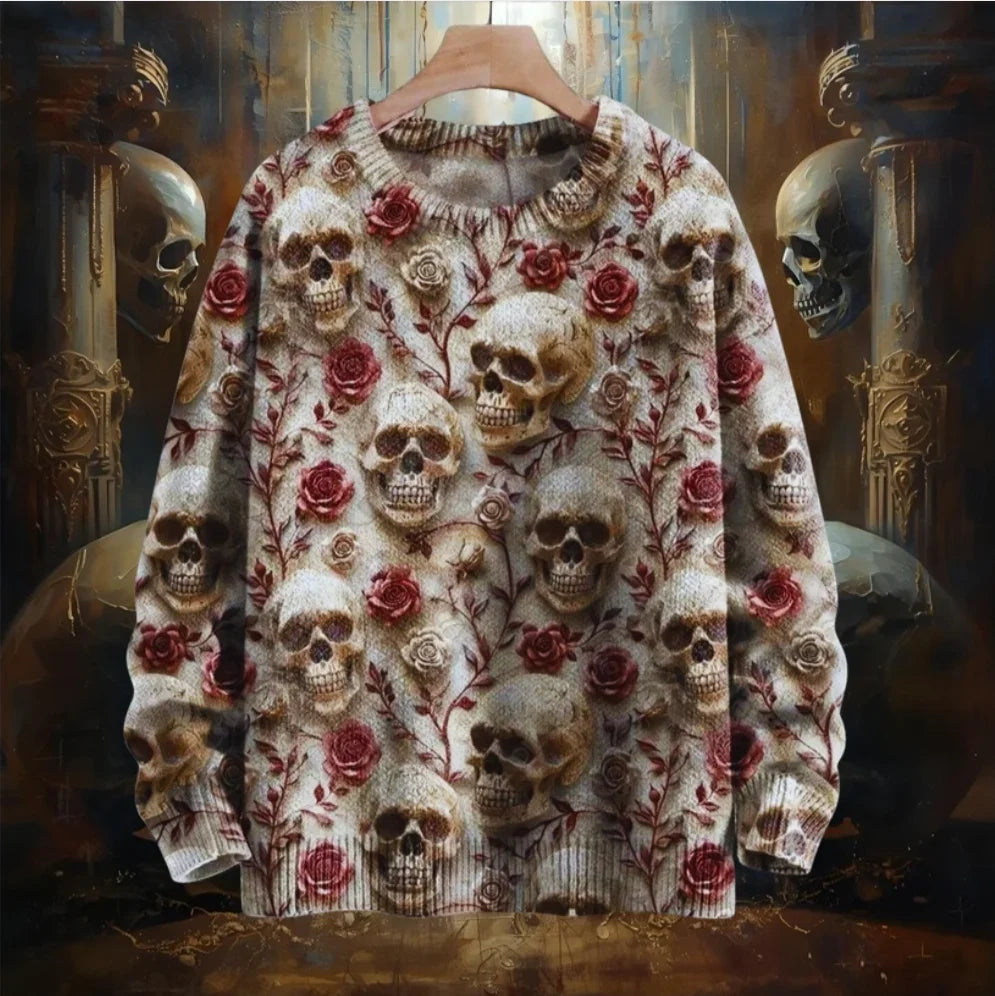 Skull and Rose Floral 3D Halloween Sweater – Goth Unisex Winter Pullover