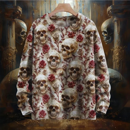 Skull and Rose Floral 3D Halloween Sweater – Goth Unisex Winter Pullover