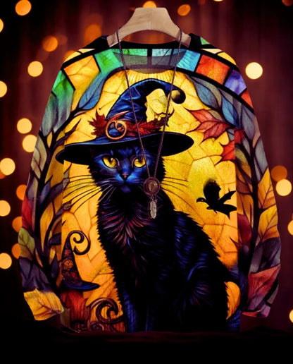 Stained Glass Witch Cat 3D Knit Sweater - Colorful Autumn Design, Unisex Artistic Pullover