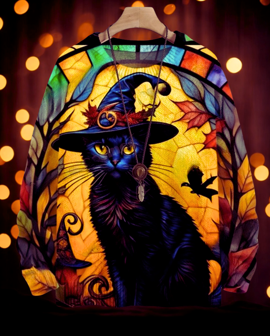 Stained Glass Witch Cat 3D Knit Sweater - Colorful Autumn Design, Unisex Artistic Pullover