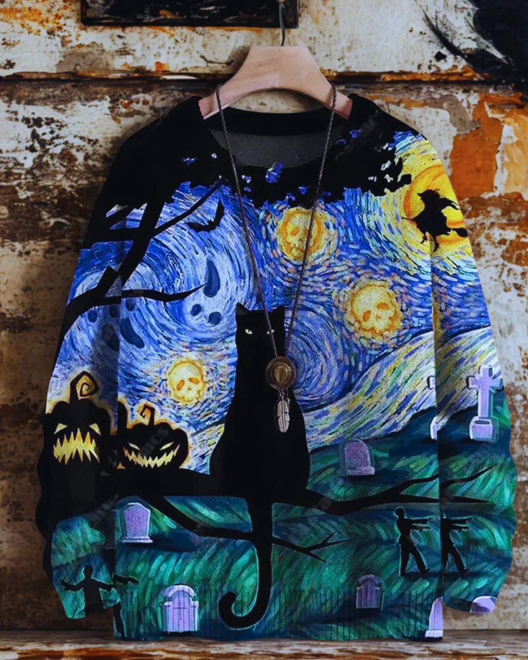 Black cat silhouette on a 3D sweater featuring Van Gogh's Starry Night with Halloween pumpkins.