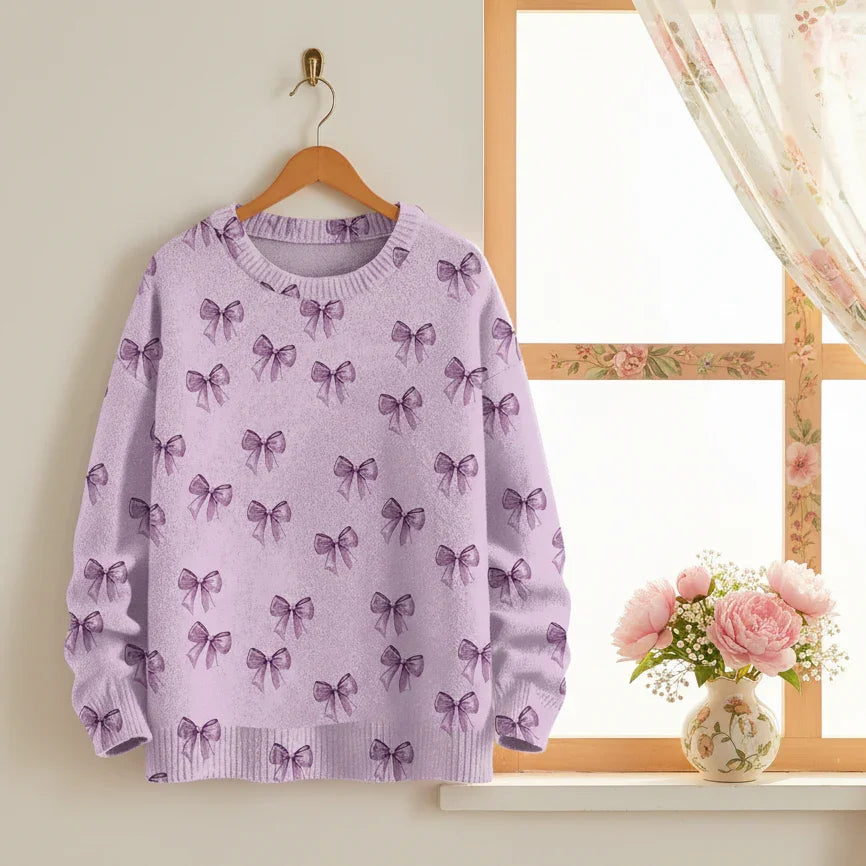 Purple bow-patterned pullover displayed near a window with floral accents.