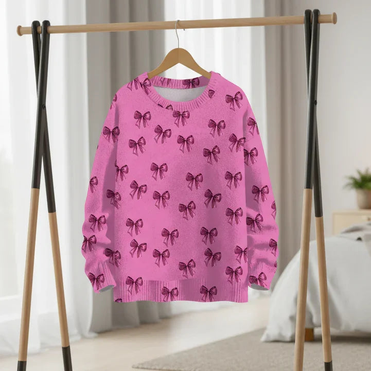 Deep pink sweatshirt with black bow print hanging on a sleek modern garment rack.