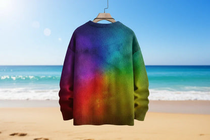 Colorful sweater on a hanger against a beach backdrop