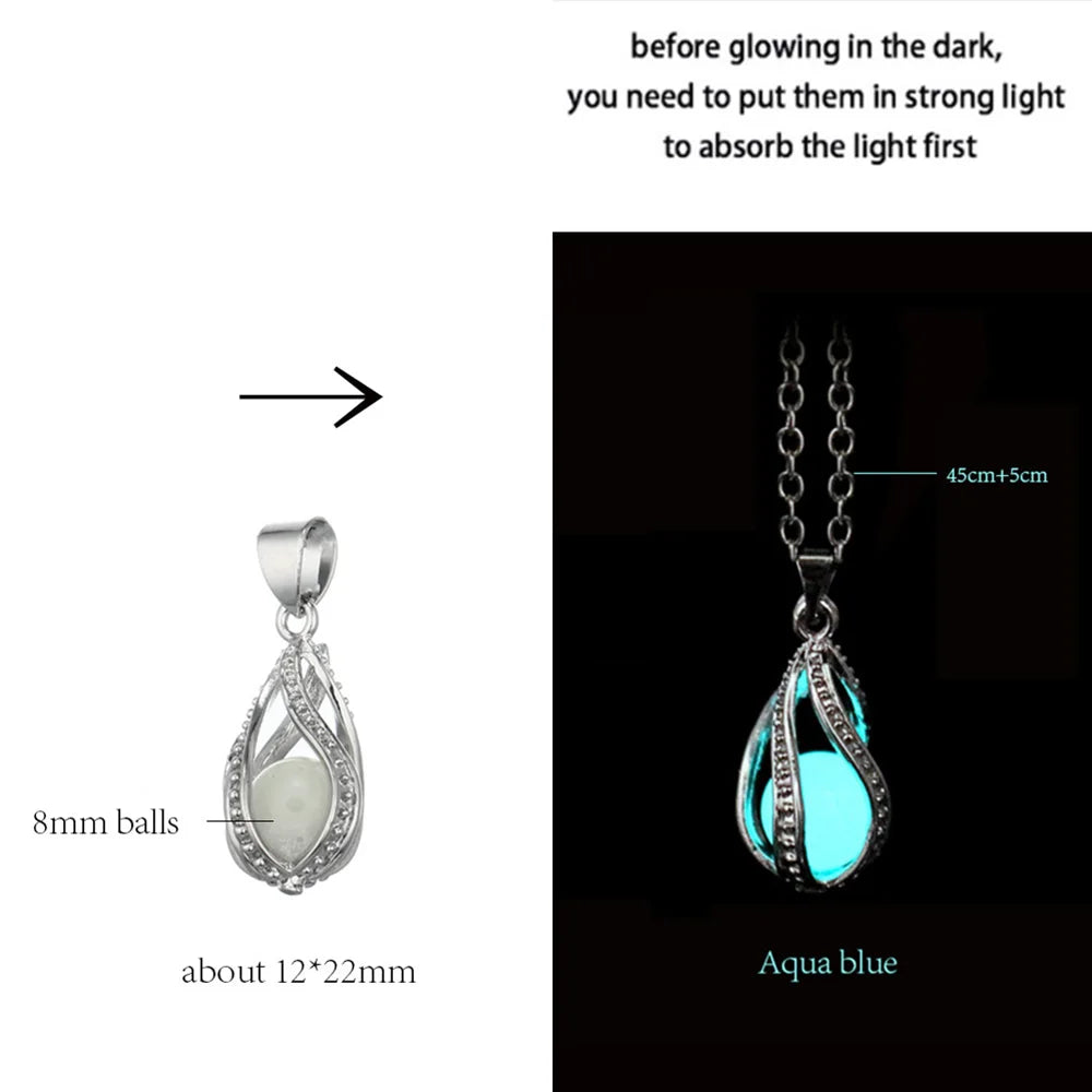 Teardrop-shaped pendant with glowing feature instructions on a white background