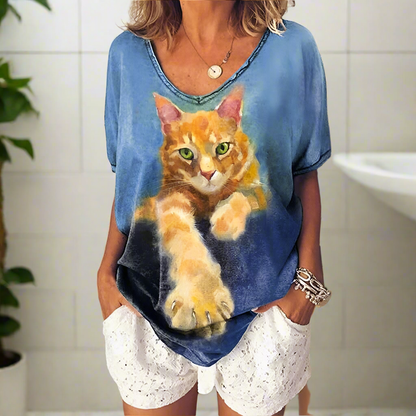 Blue V-neck t-shirt with realistic orange tabby cat print looking forward.