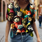 Colorful collage t-shirt featuring multiple cats wearing different colored hoodies.