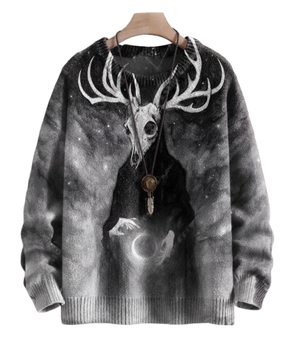 Mysterious gray sweater with haunting 3D print of a deer skull with antlers, set against a foggy moonlit backdrop