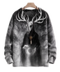 Mysterious gray sweater with haunting 3D print of a deer skull with antlers, set against a foggy moonlit backdrop