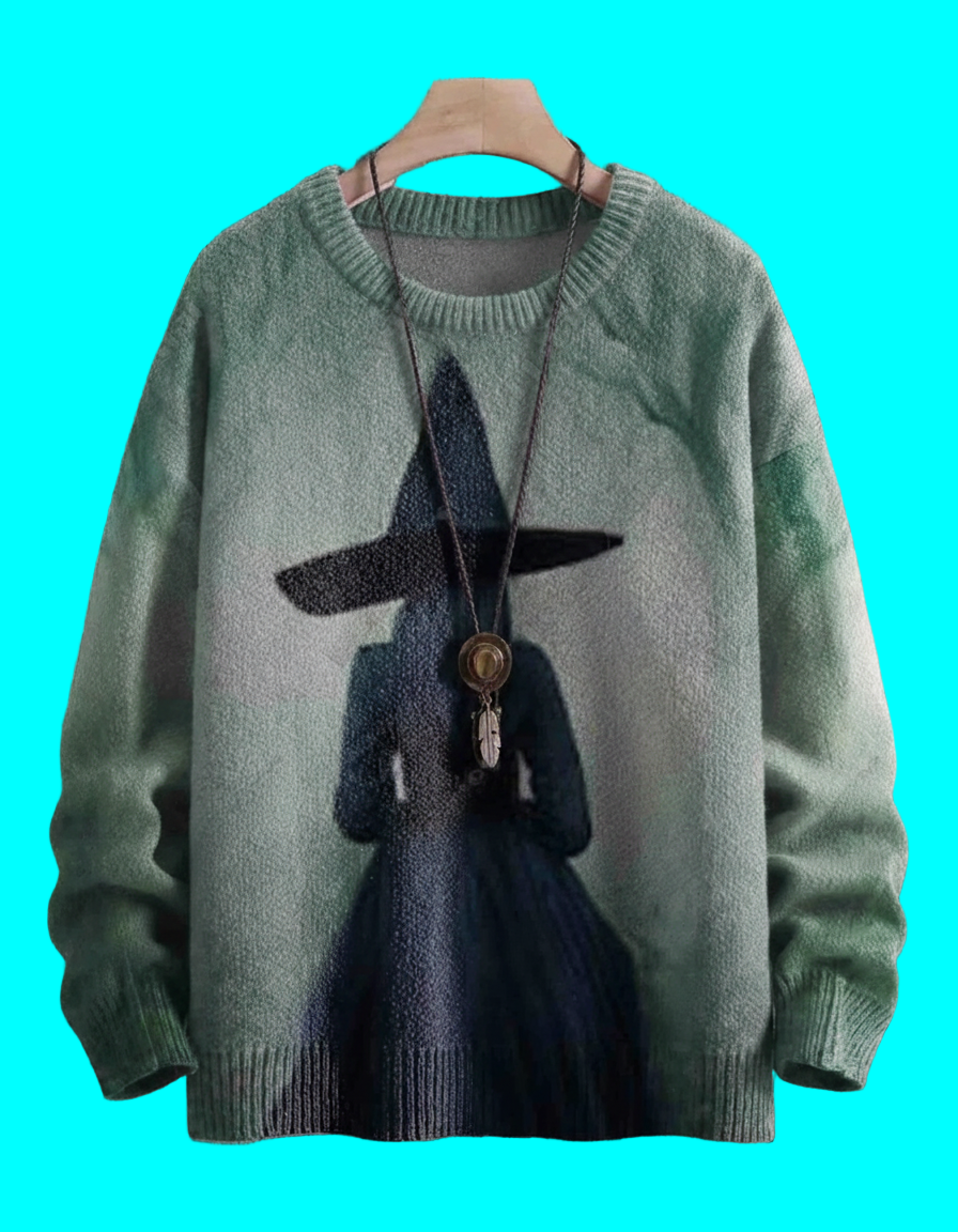 
Stylish mint-green sweater with bold 3D print of a classic witch in pointed hat, standing against vibrant turquoise background