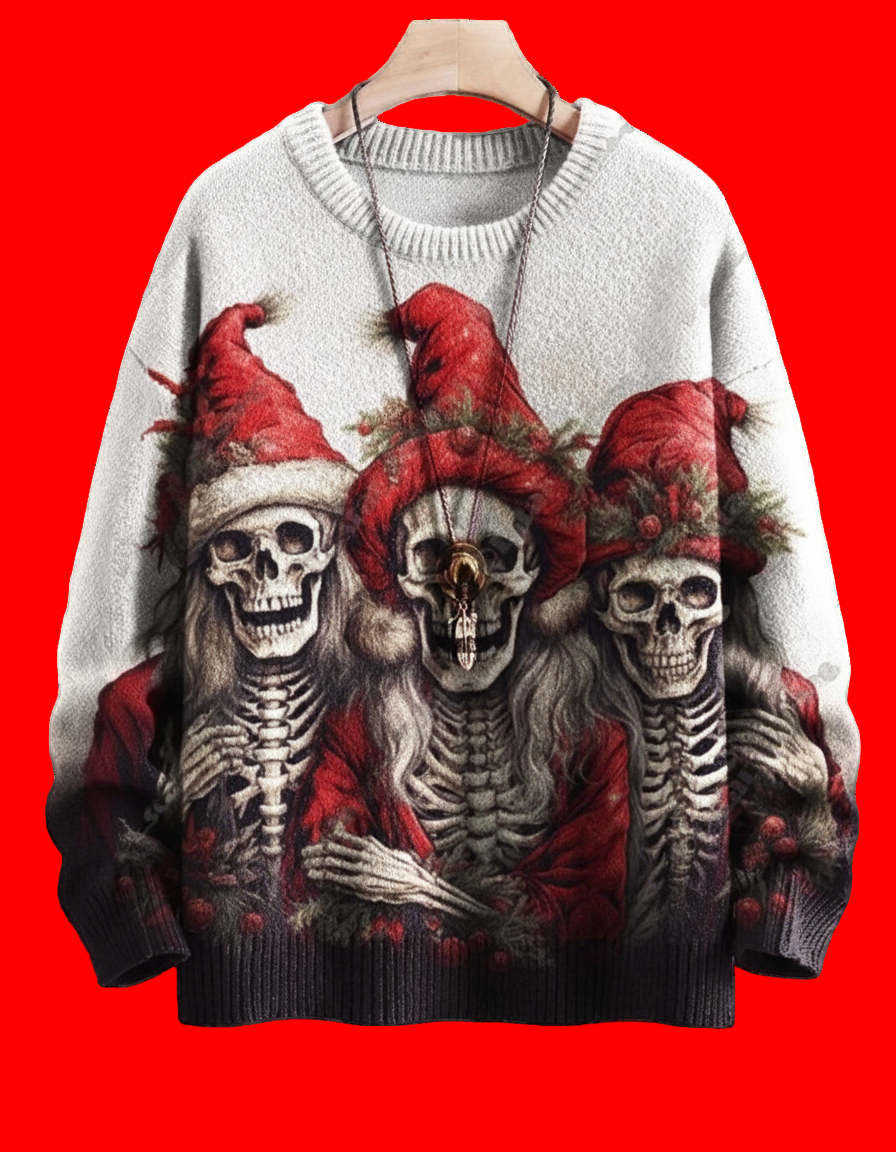 White 3D printed ugly Christmas sweater with three skeletons wearing red Santa hats against a red background