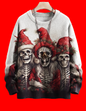White 3D printed ugly Christmas sweater with three skeletons wearing red Santa hats against a red background