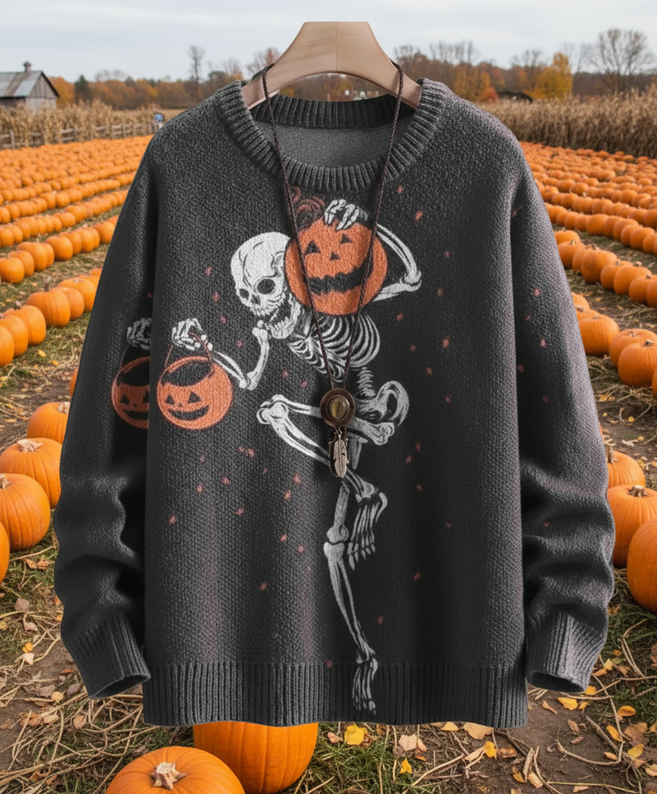 Dark grey 3D printed Halloween sweater with a skeleton dancing among pumpkins in a pumpkin patch