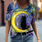  Artistic t-shirt with black cat silhouette sitting on a yellow crescent moon against a swirling night sky