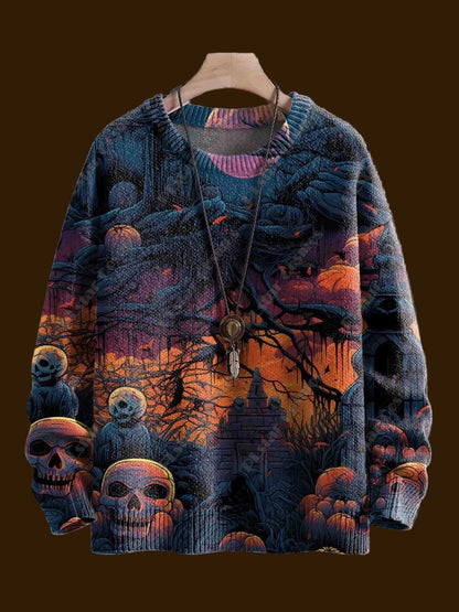 “Unisex 3D-printed Halloween sweater with glowing orange sunset over haunted forest and floating skulls, perfect for autumn nights