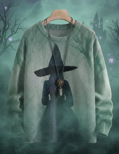 Light green 3D printed Halloween sweater with a witch silhouette against a bright turquoise background