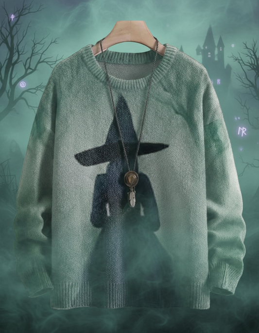 Light green 3D printed Halloween sweater with a witch silhouette against a bright turquoise background