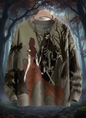 Spooky unisex sweater with dramatic 3D print of a red-robed witch dancing beside a skeleton in a dark enchanted forest